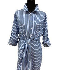 Steve Madden Blue & White Striped Cotton Shirt Dress XL | Tie Waist Button Down